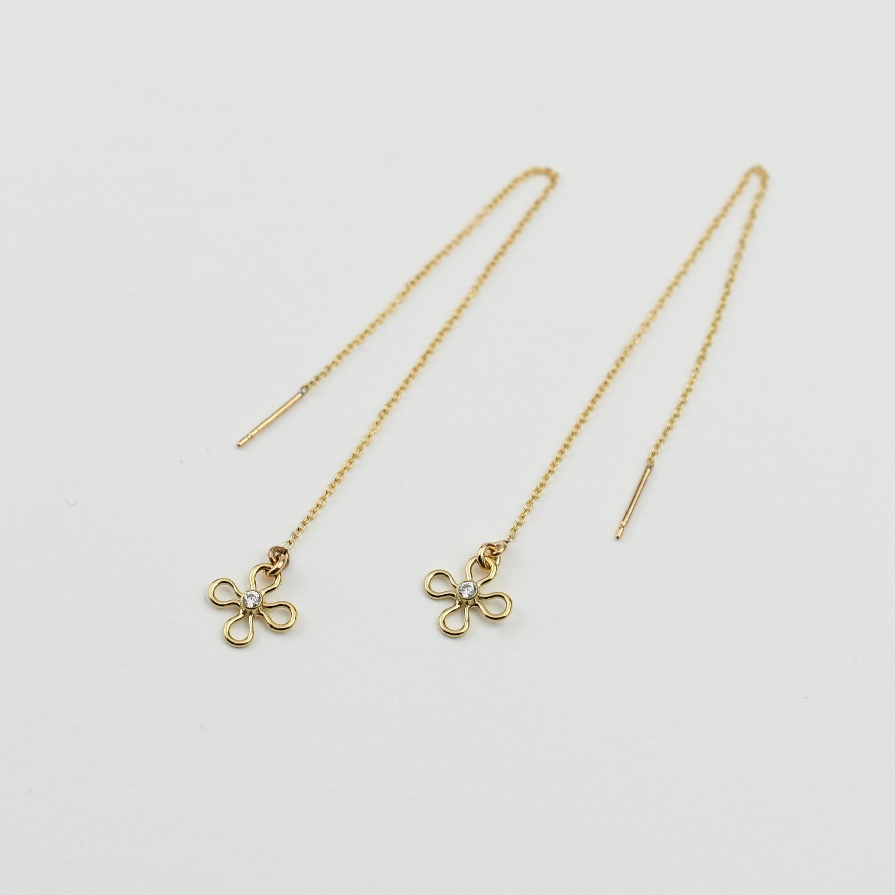Gold Threader Tiny Flower Earrings – Delicate Gold Chain Earrings, Dainty Floral Jewelry, Minimalist Pull Through Earrings - Sash Jewelry