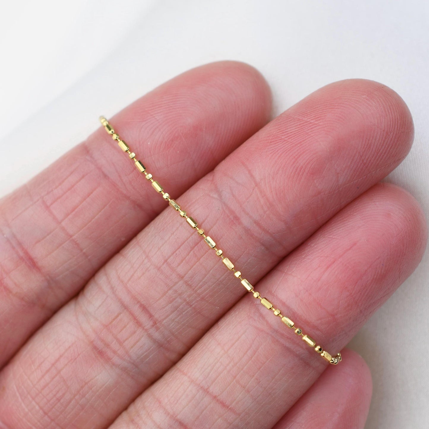 14K Gold Cylinder & Round Bead Necklace – Delicate Layering Jewelry