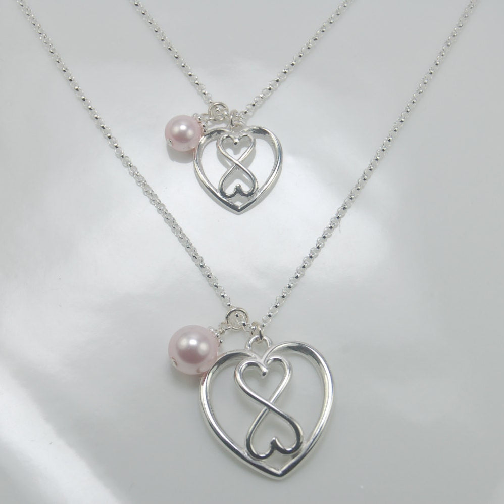 Mother Daughter heart Infinity necklace set, Heart Infinity necklaces, Silver Infinity, Pink Pearl Necklace - Sash Jewelry