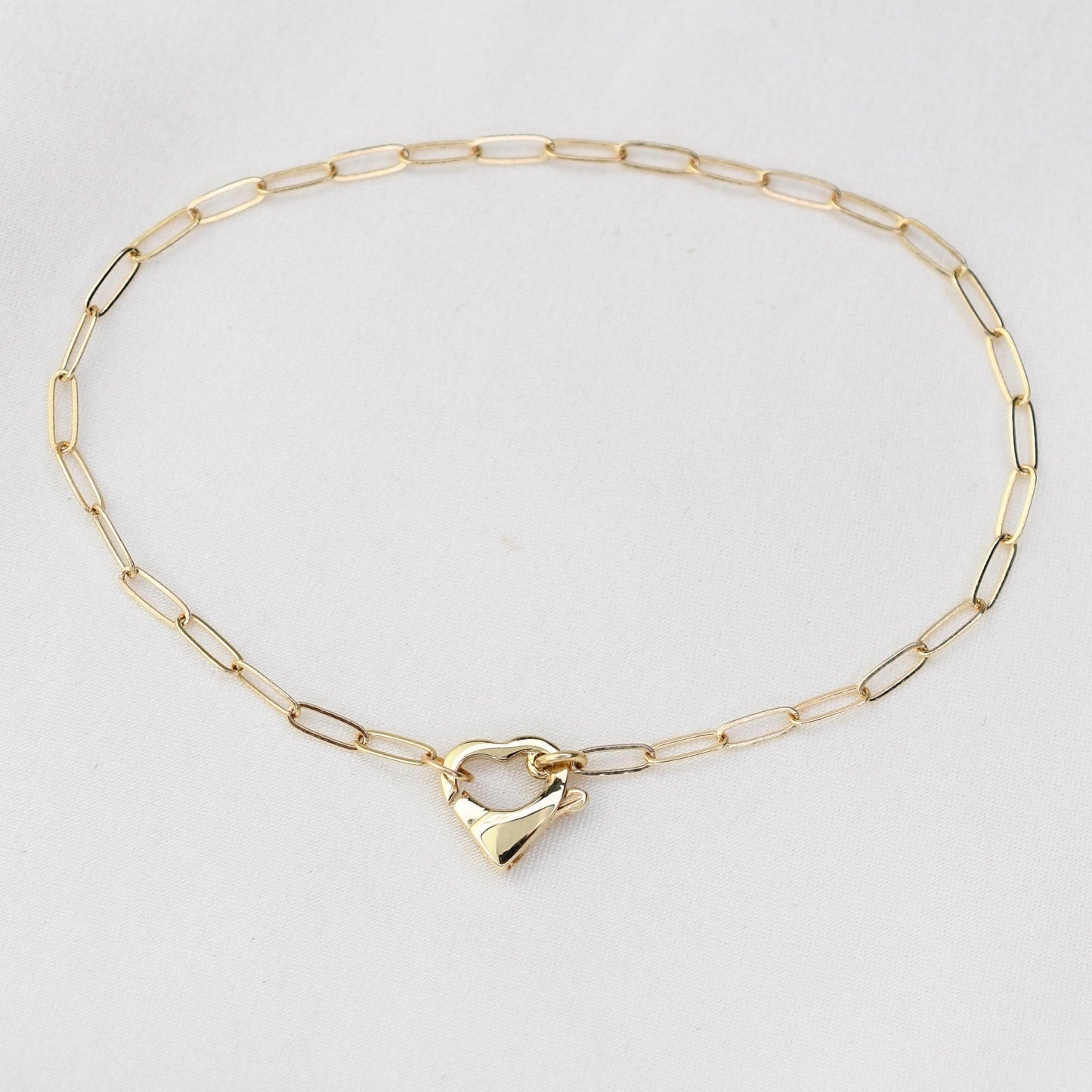 14K Gold Paperclip Bracelet with Heart Clasp