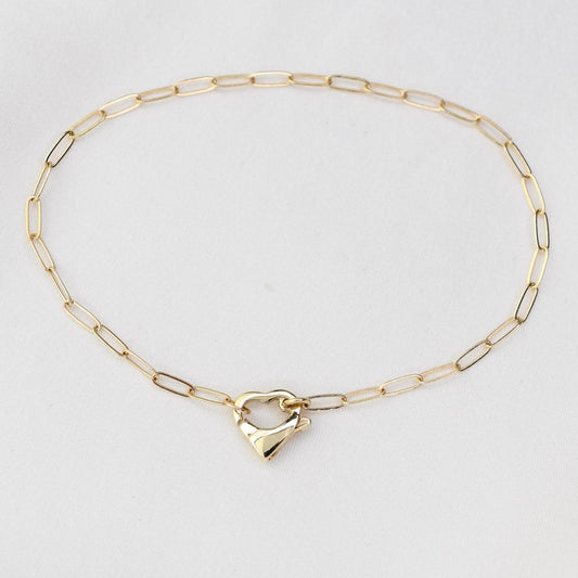 14K Gold Paperclip Bracelet with Heart Clasp