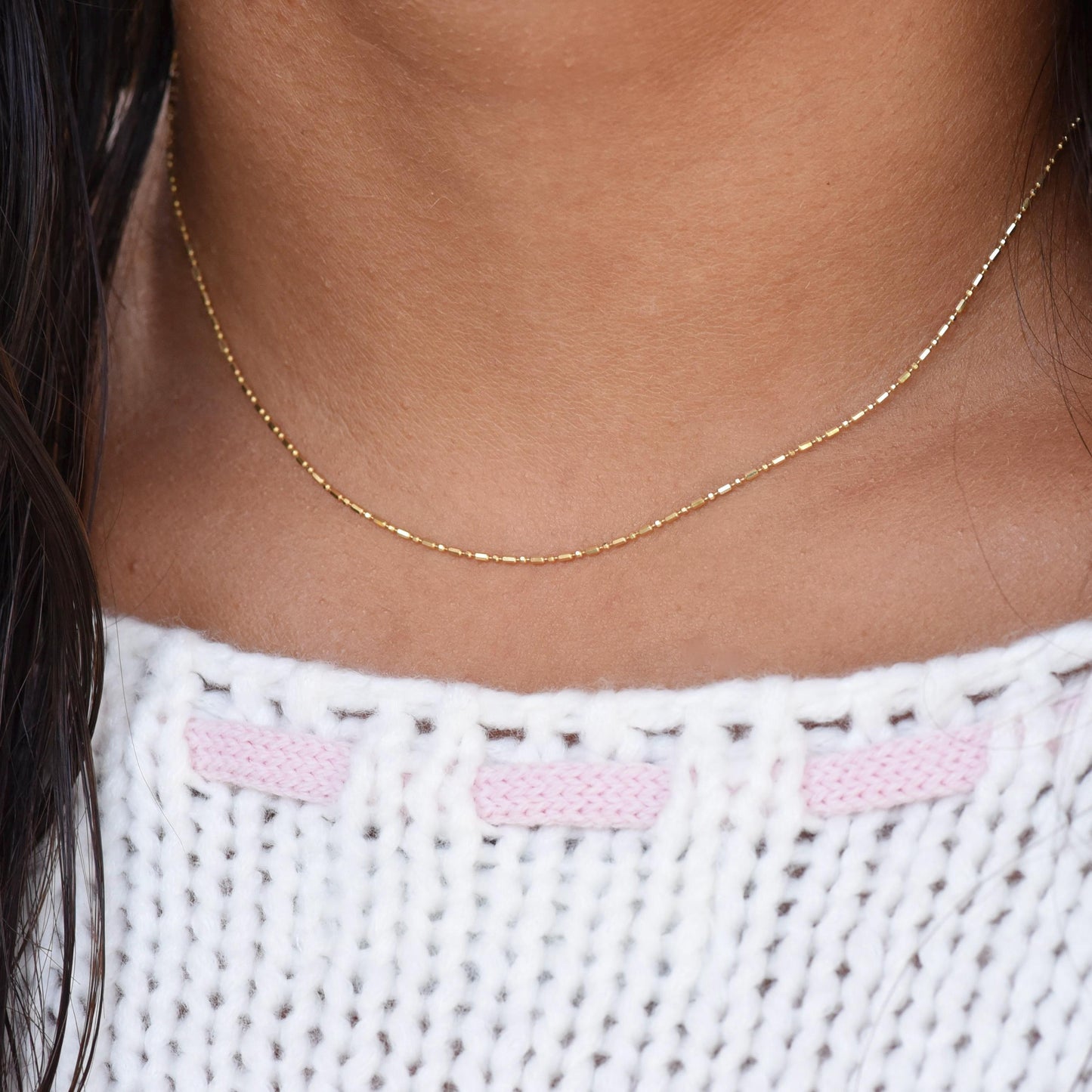 14K Gold Cylinder & Round Bead Necklace – Delicate Layering Jewelry