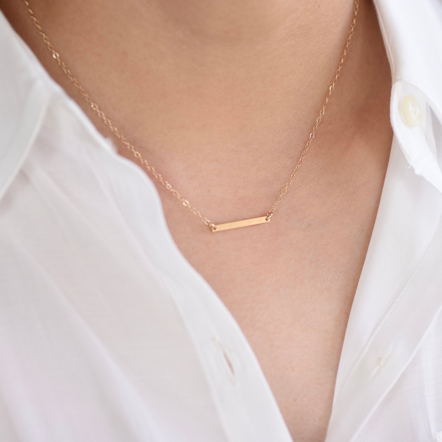 14k solid gold bar necklace dainty minimalist gold bar pendant flat cable chain
