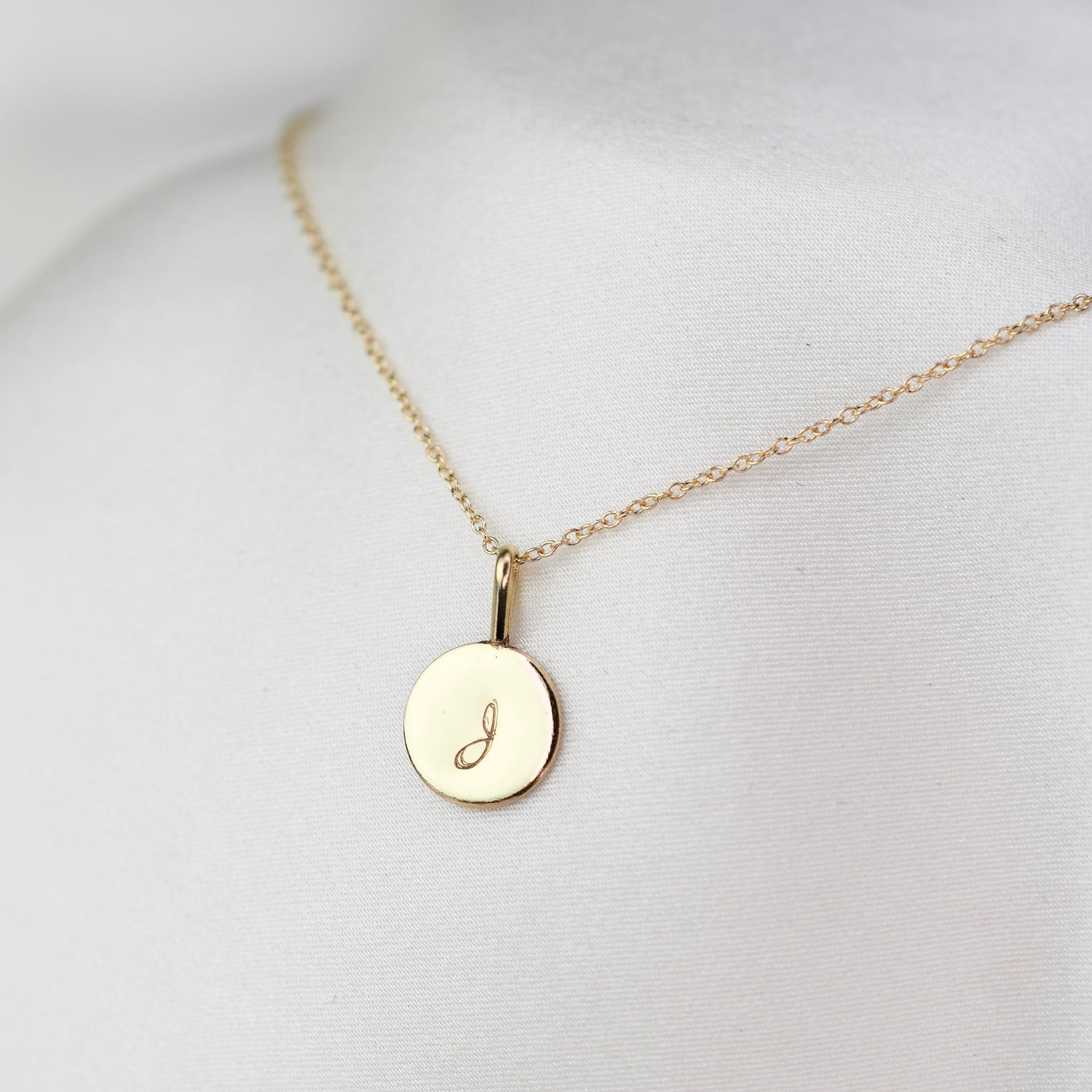 14K Solid Gold Initial Charm Necklace – Minimalist Gold Disc Necklace