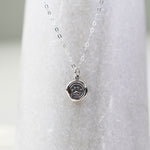 Silver necklace with a paw print pendant on a light gray background