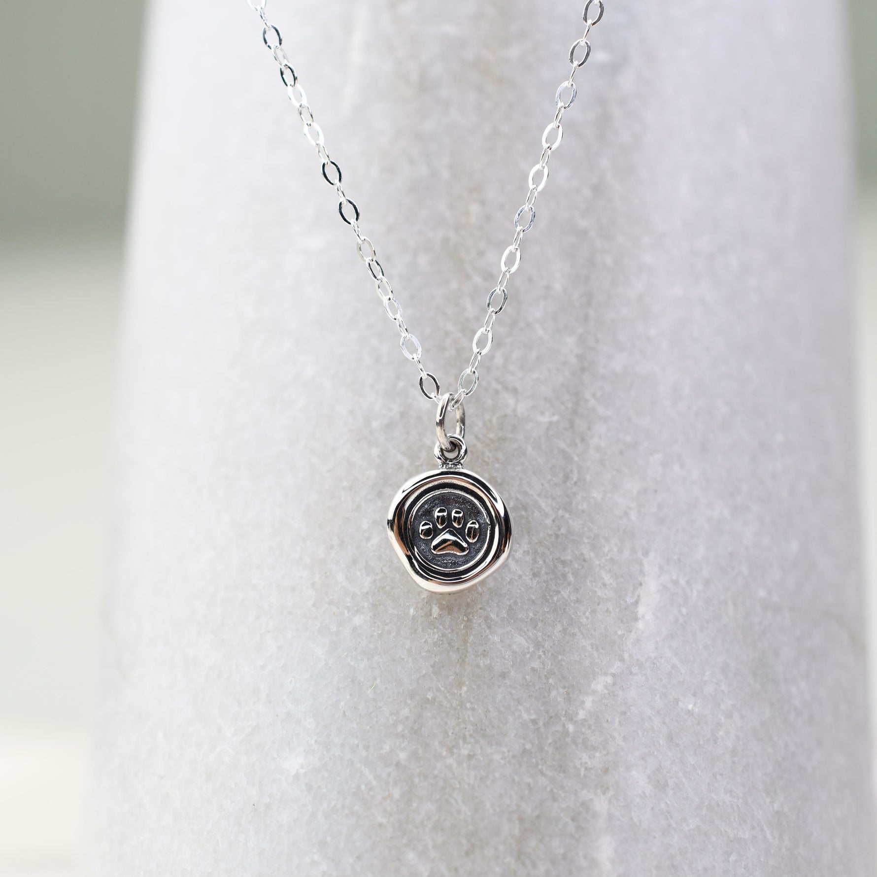 Silver necklace with a paw print pendant on a light gray background