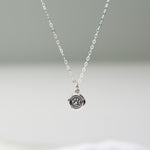 Silver necklace with a paw print pendant on a light gray background