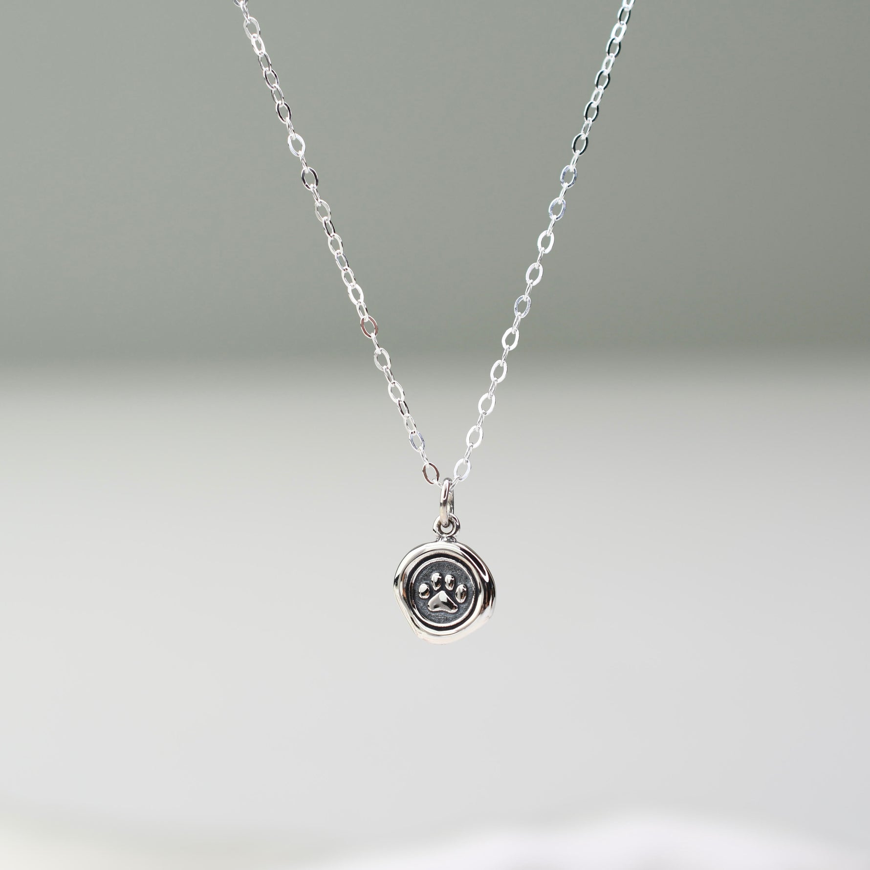 Silver necklace with a paw print pendant on a light gray background