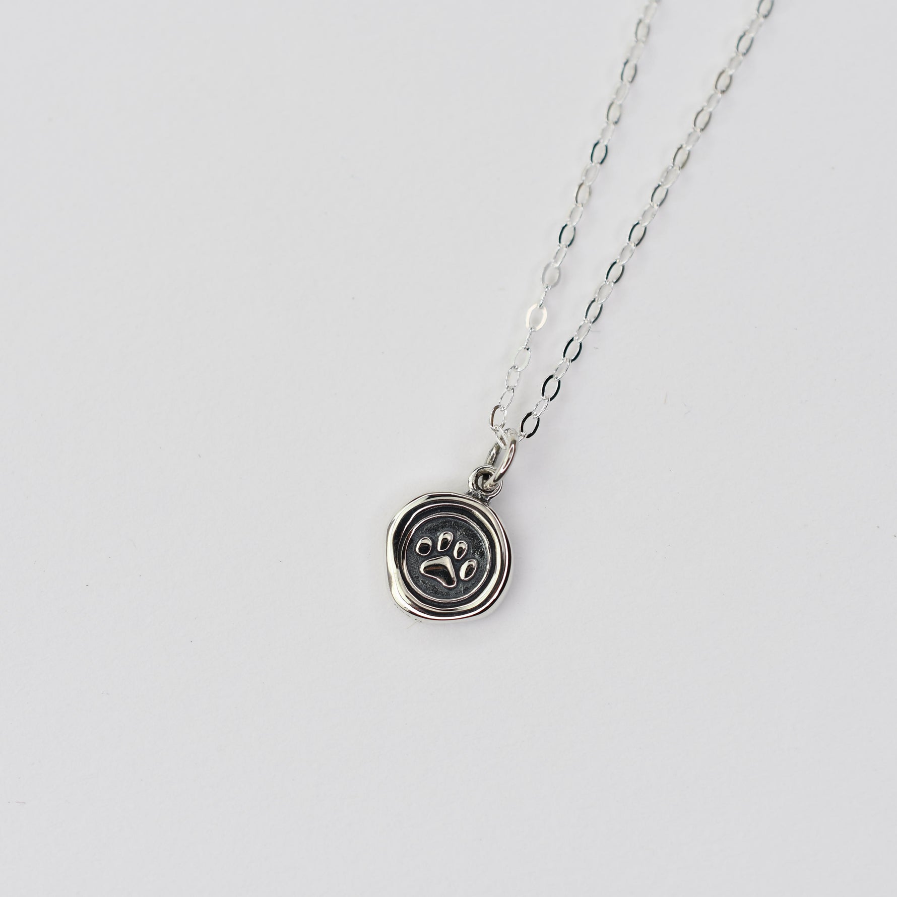 Silver necklace with a paw print pendant on a light gray background