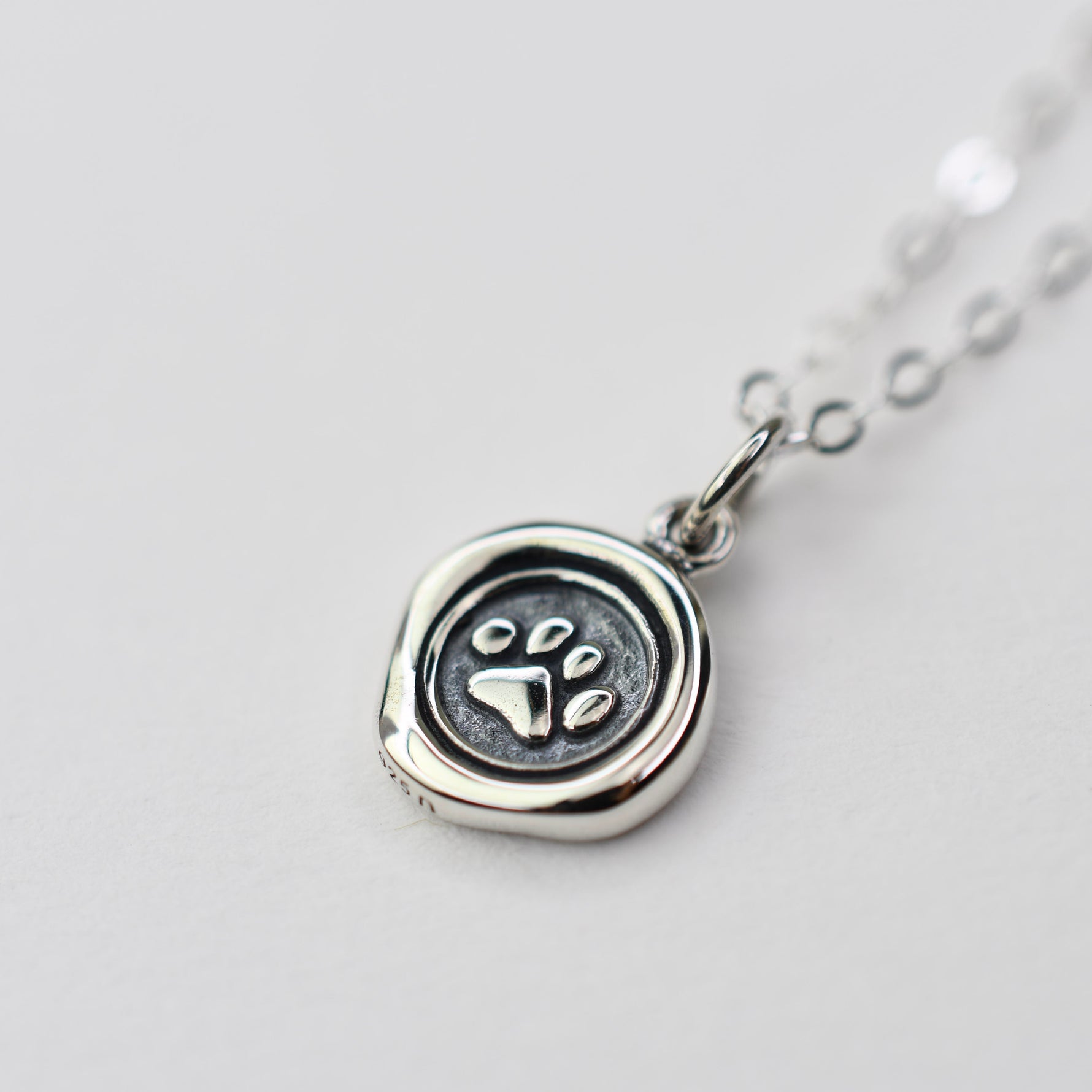 Silver necklace with a paw print pendant on a light gray background