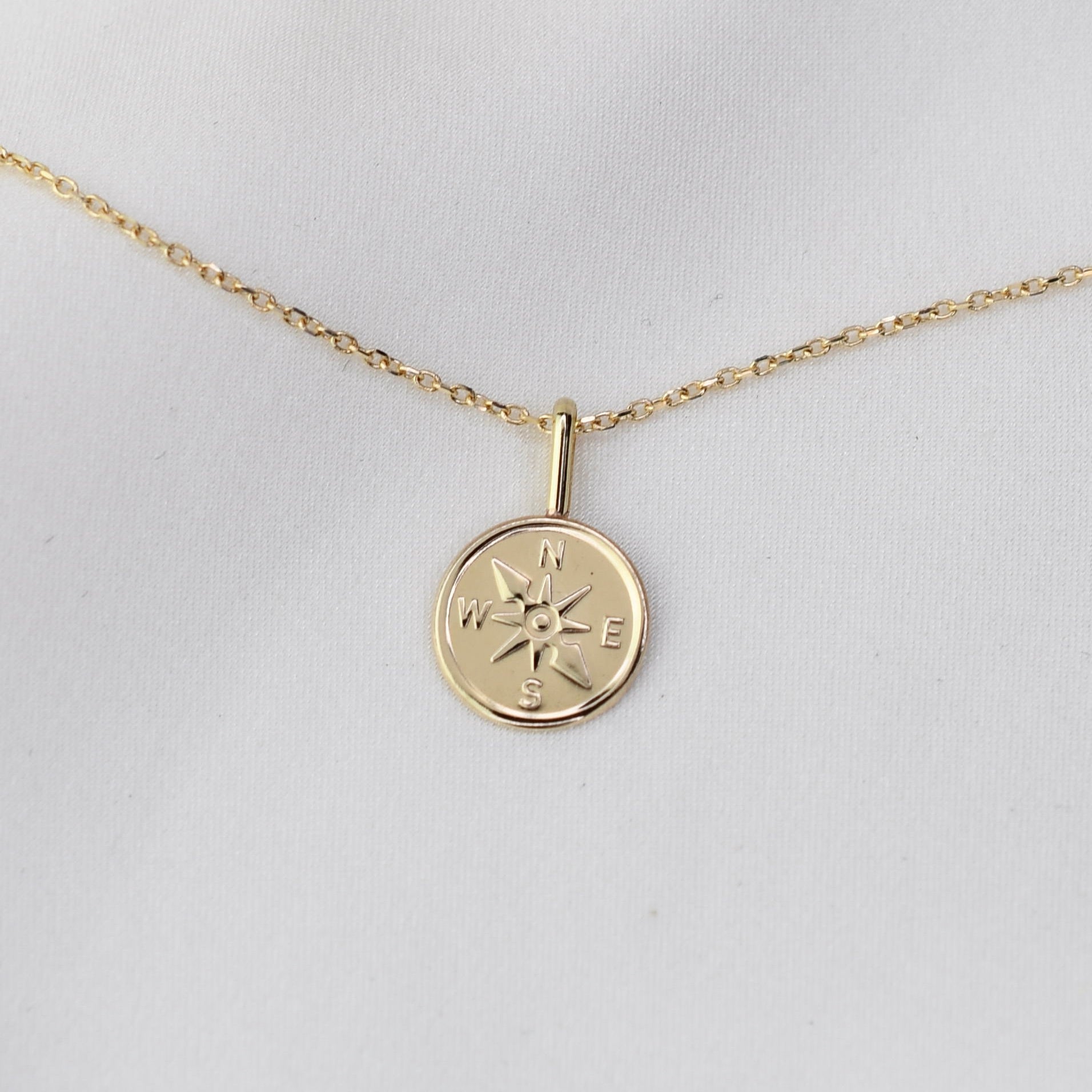 Gold necklace with a compass pendant solid gold 14k