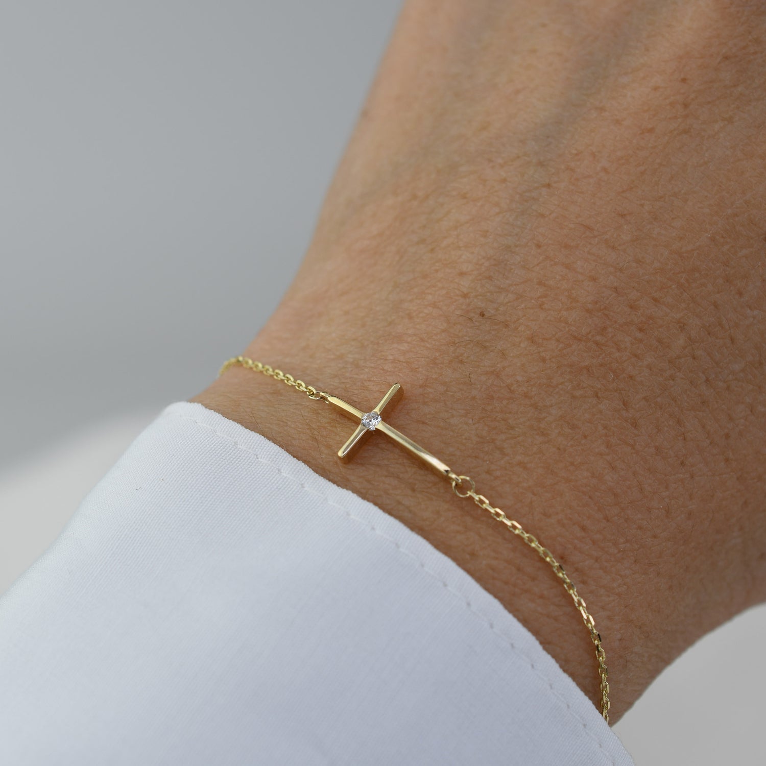 14K Yellow Gold Side Cross Bracelet with CZ – Dainty Religious Jewelry, Minimalist Faith Bracelet for Women - Sash Jewelry