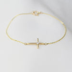 14K Yellow Gold Side Cross Bracelet with CZ – Dainty Religious Jewelry, Minimalist Faith Bracelet for Women - Sash Jewelry