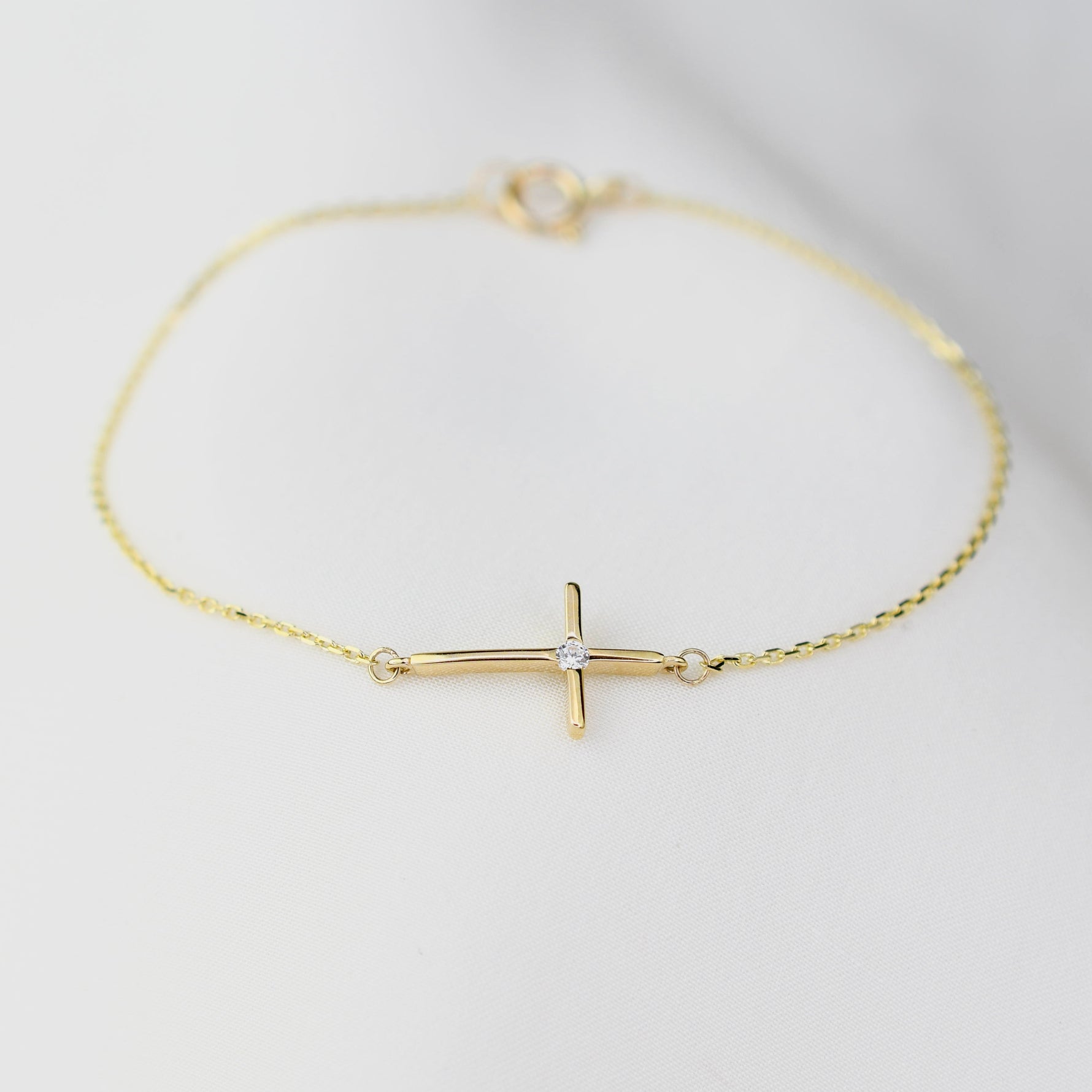 14K Yellow Gold Side Cross Bracelet with CZ – Dainty Religious Jewelry, Minimalist Faith Bracelet for Women - Sash Jewelry