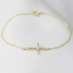 14K Yellow Gold Side Cross Bracelet with CZ – Dainty Religious Jewelry, Minimalist Faith Bracelet for Women - Sash Jewelry