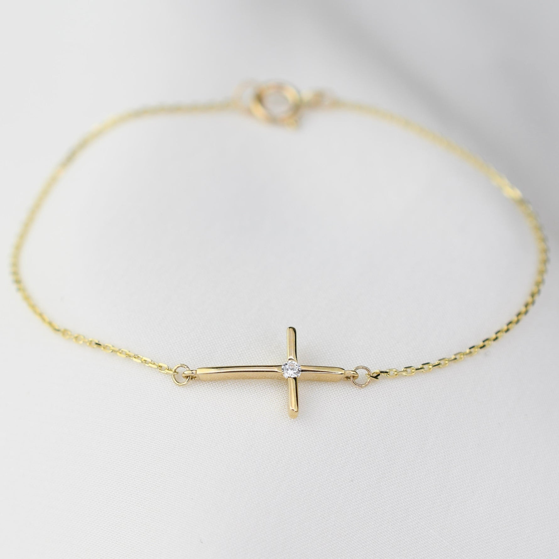 14K Yellow Gold Side Cross Bracelet with CZ – Dainty Religious Jewelry, Minimalist Faith Bracelet for Women - Sash Jewelry