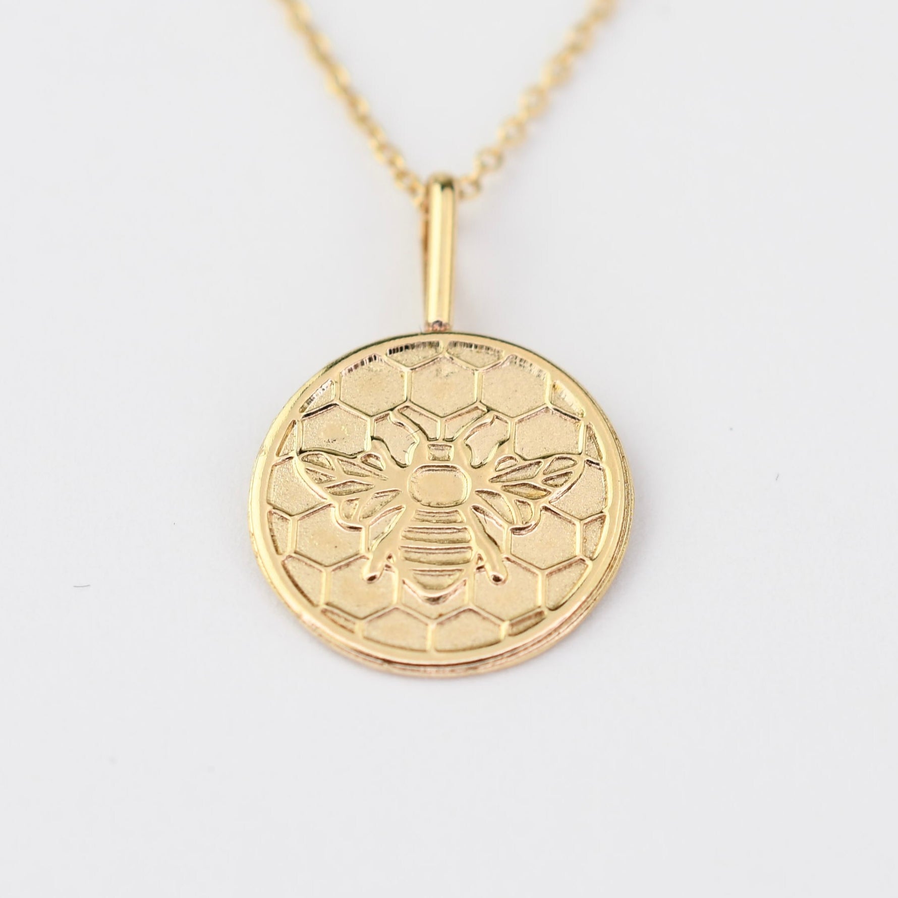 14K Solid Gold Honeycomb Bee Necklace – Dainty Minimalist Nature Charm - Sash Jewelry