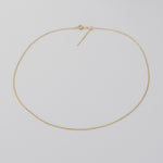 A delicate gold chain necklace with a lobster clasp and extender, displayed on a plain light gray background.