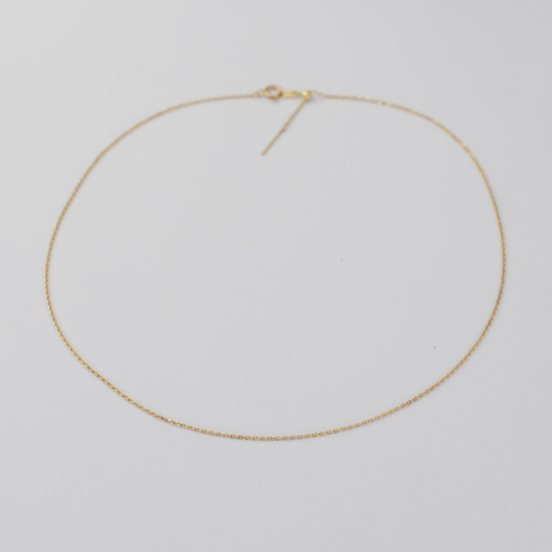 A delicate gold chain necklace with a lobster clasp and extender, displayed on a plain light gray background.