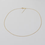 A delicate gold chain necklace with a small lobster clasp and extender, displayed on a clean, light gray background.