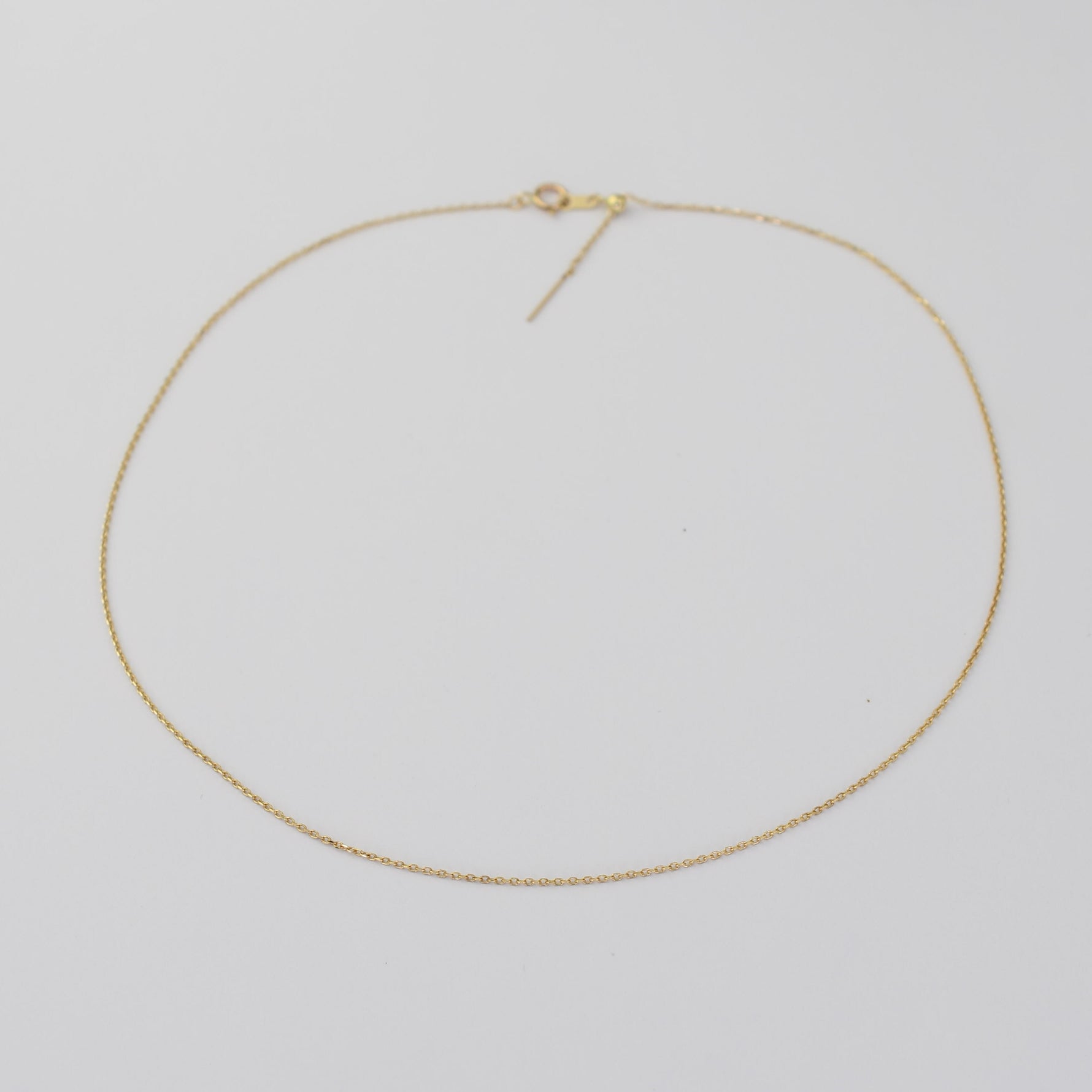 A delicate gold chain necklace with a small lobster clasp and extender, displayed on a clean, light gray background.