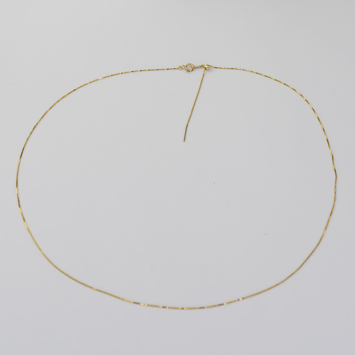 A delicate gold chain necklace with a small textured clasp, laid flat in a circle on a light gray background.