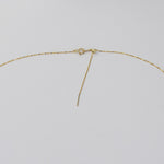 A close-up of a gold chain necklace showing the clasp, extender, and loop end against a plain light gray background.