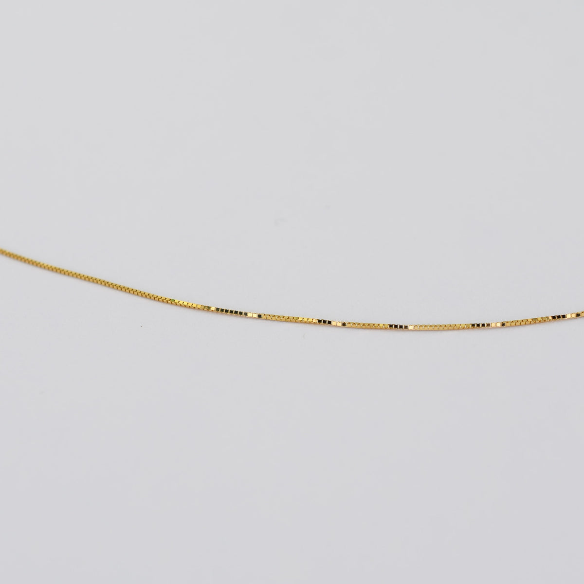 A delicate gold chain necklace shown against a plain light gray background.