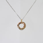 14K solid gold three interlocking rings necklace featuring yellow gold, white gold, and rose gold rings. Dainty tri-color gold pendant measures approximately 11mm x 14mm, shown on a white gold chain. Adjustable necklace length: 16, 17, and 18 inches.