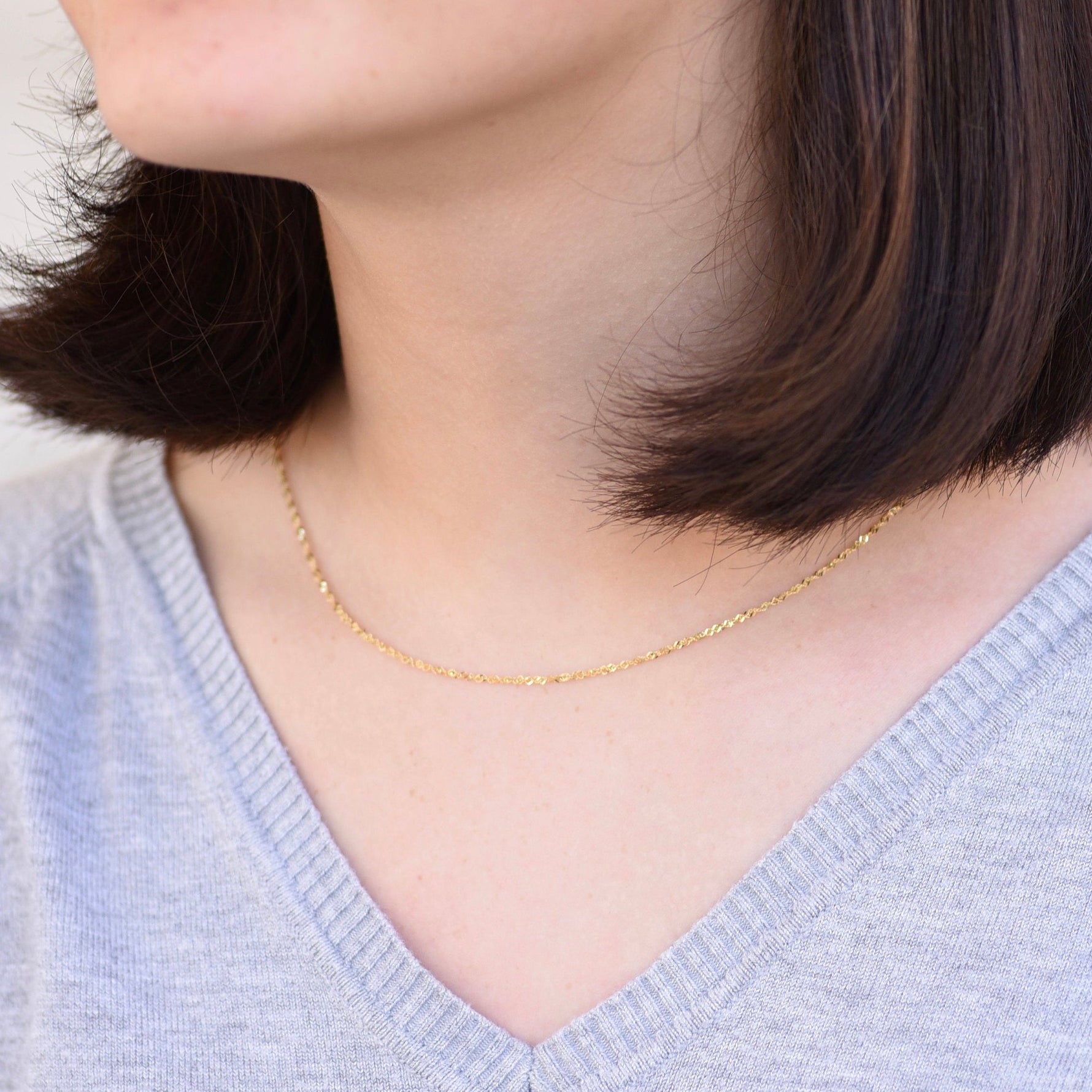 14K Gold Singapore Chain Necklace – 14K Gold Sparkle Necklace - 1.3mm Solid Gold Chain - Sash Jewelry