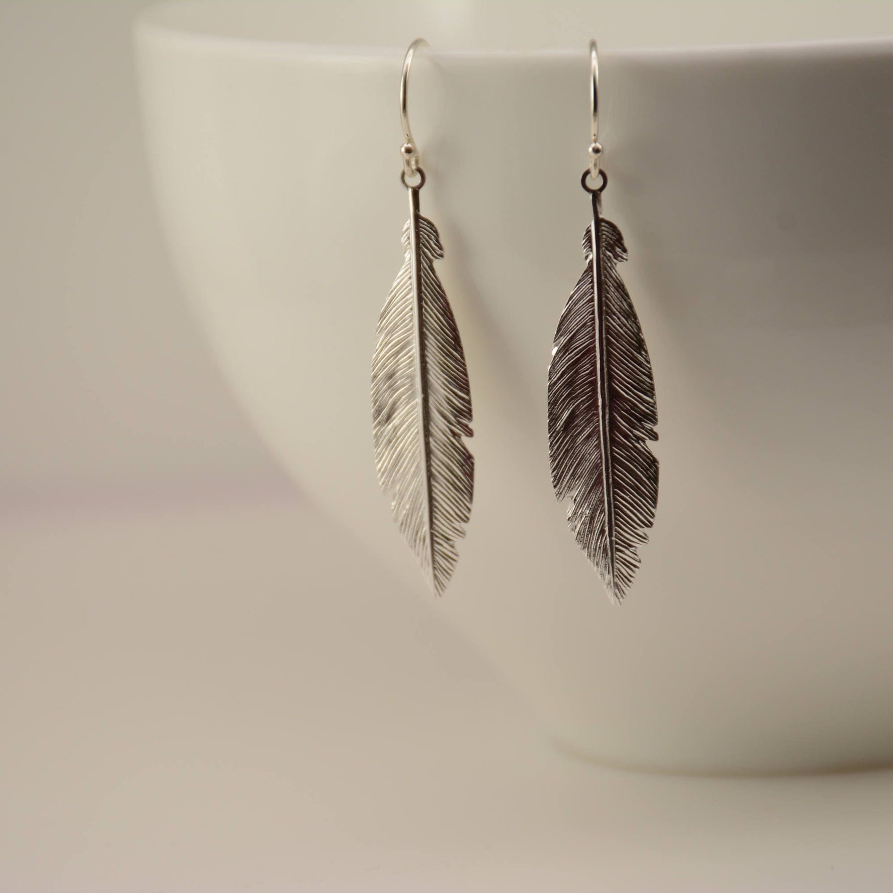 Sterling Silver Feather Earrings: Delicate Dangle Charm - Sash Jewelry