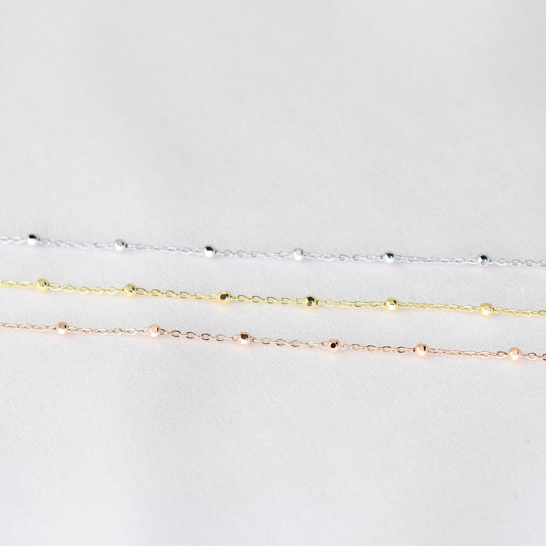 14K Solid Gold Delicate Necklace — Beaded Cable Chain (Available in Yellow, Rose, and White Gold) - Sash Jewelry