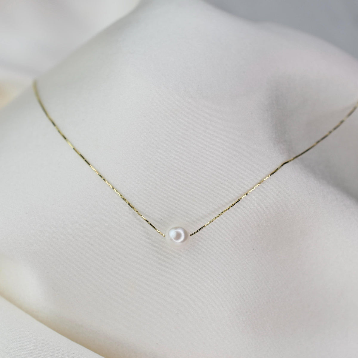 14K Gold Akoya Pearl Necklace: Delicate Box Chain - Sash Jewelry