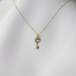 14K solid gold tiny heart key necklace with adjustable cable chain