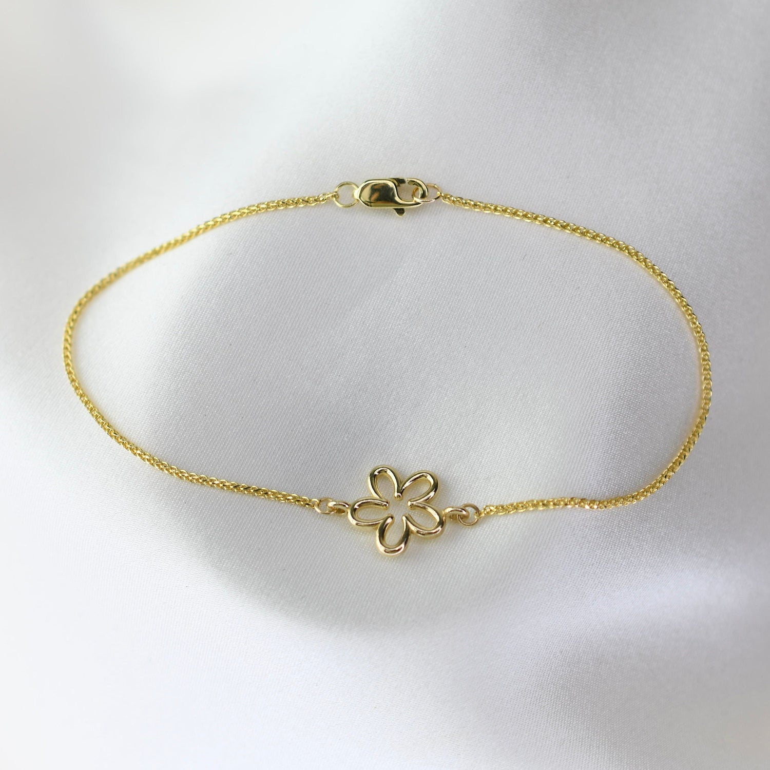 14K Gold Flower Bracelet — Sparkly 1mm Wheat Chain