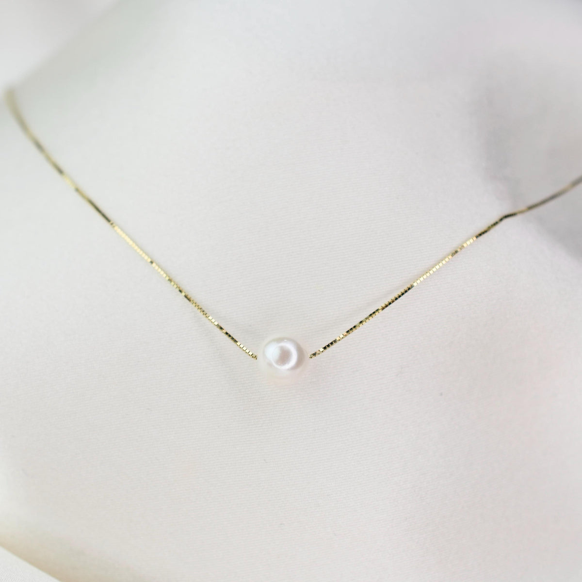 14K Gold Akoya Pearl Necklace: Delicate Box Chain - Sash Jewelry