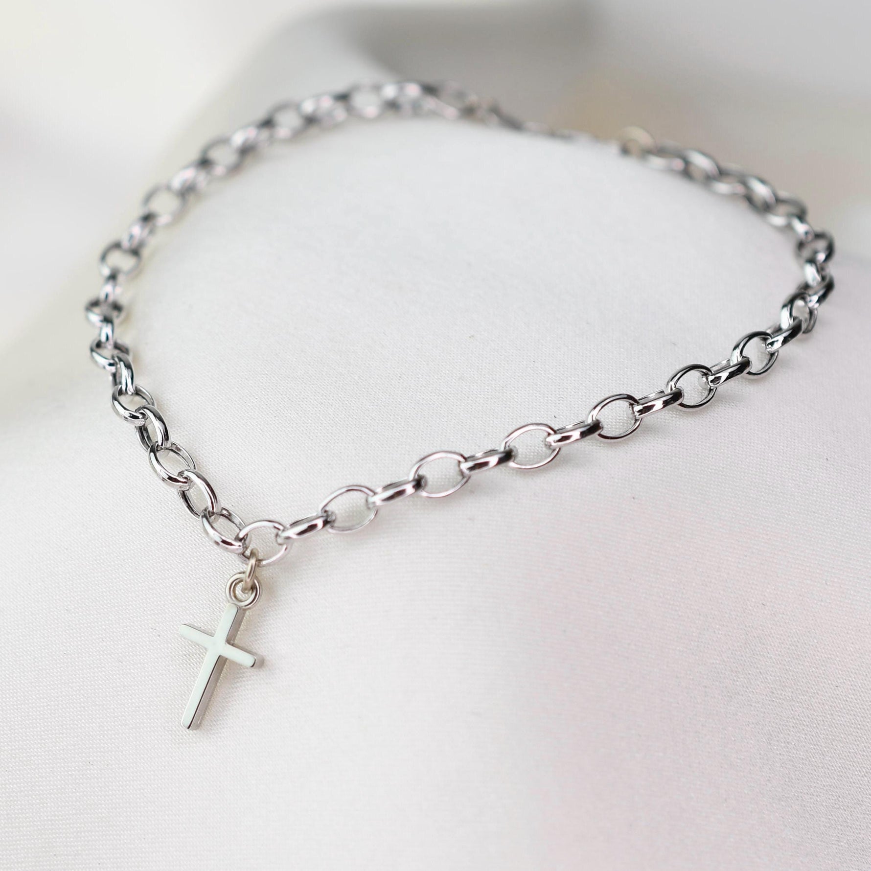 14K White Gold Cross Bracelet