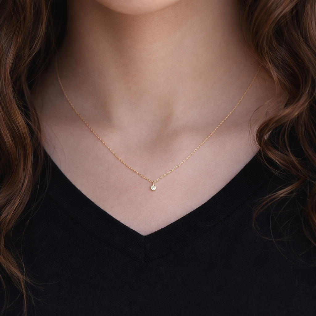 14K Solid Gold Tiny Diamond Charm Necklace - Sash Jewelry