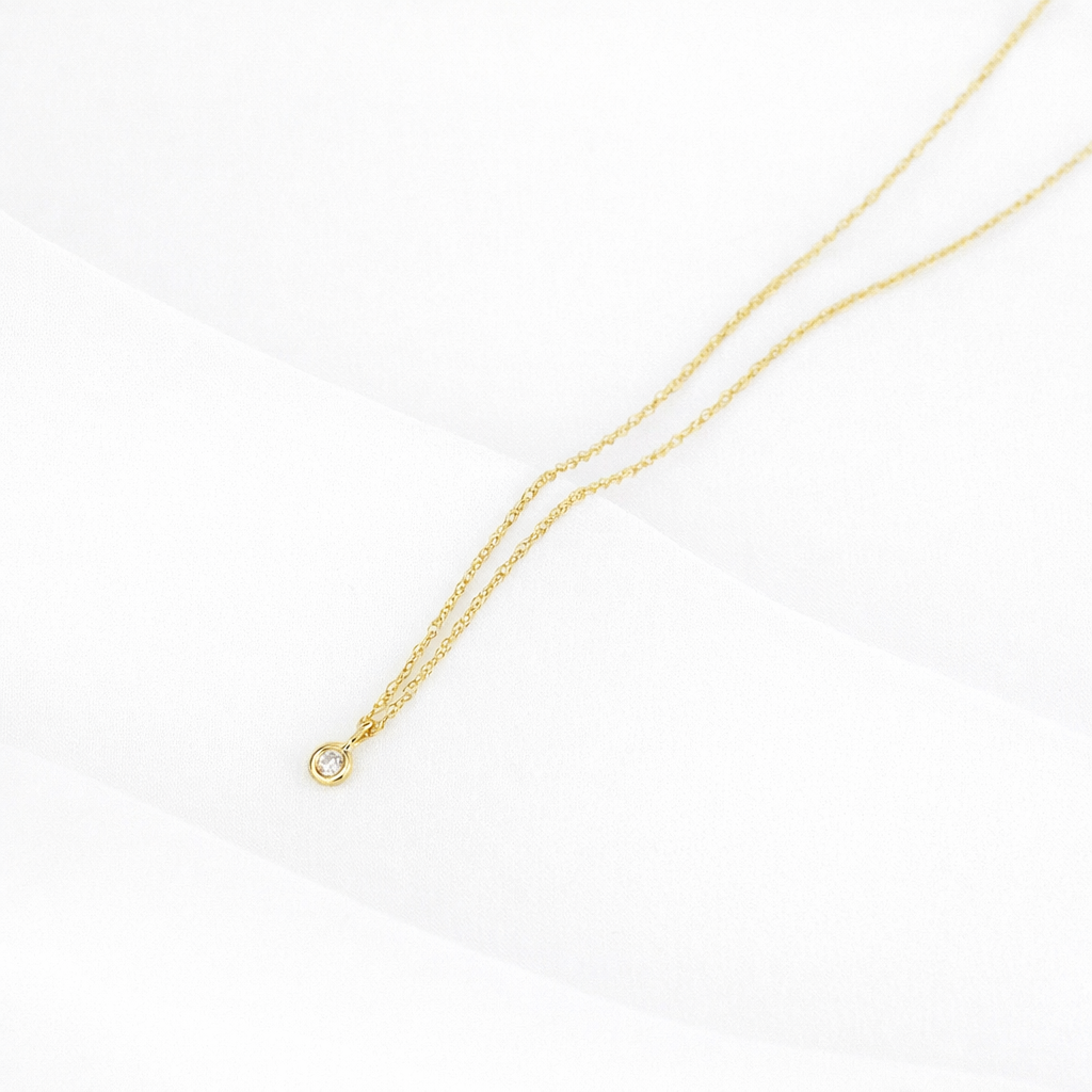 14K Solid Gold Tiny Diamond Charm Necklace – Minimalist Dainty Diamond Necklace, Adjustable 16–18” Rope Chain