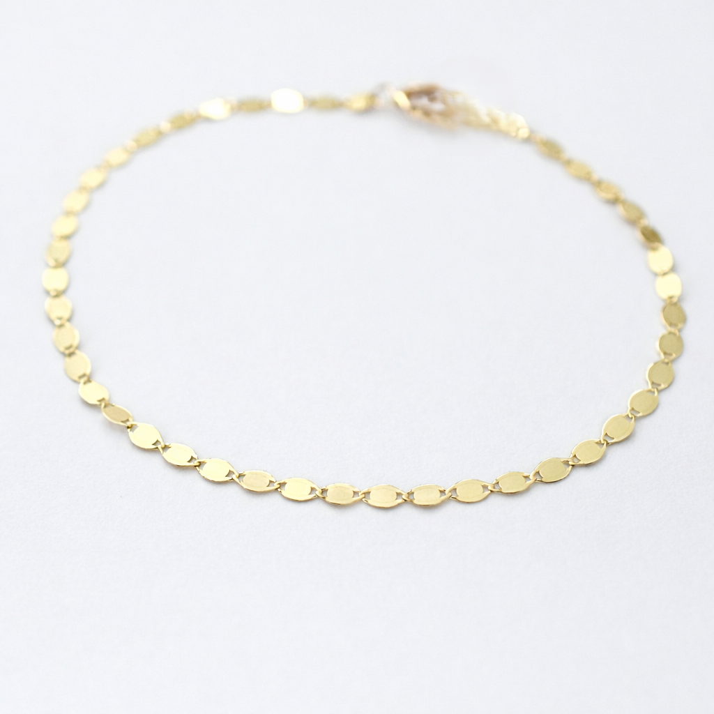 14K Solid Gold Sparkle Bracelet – Dainty Oval Mirror Link Chain Bracelet