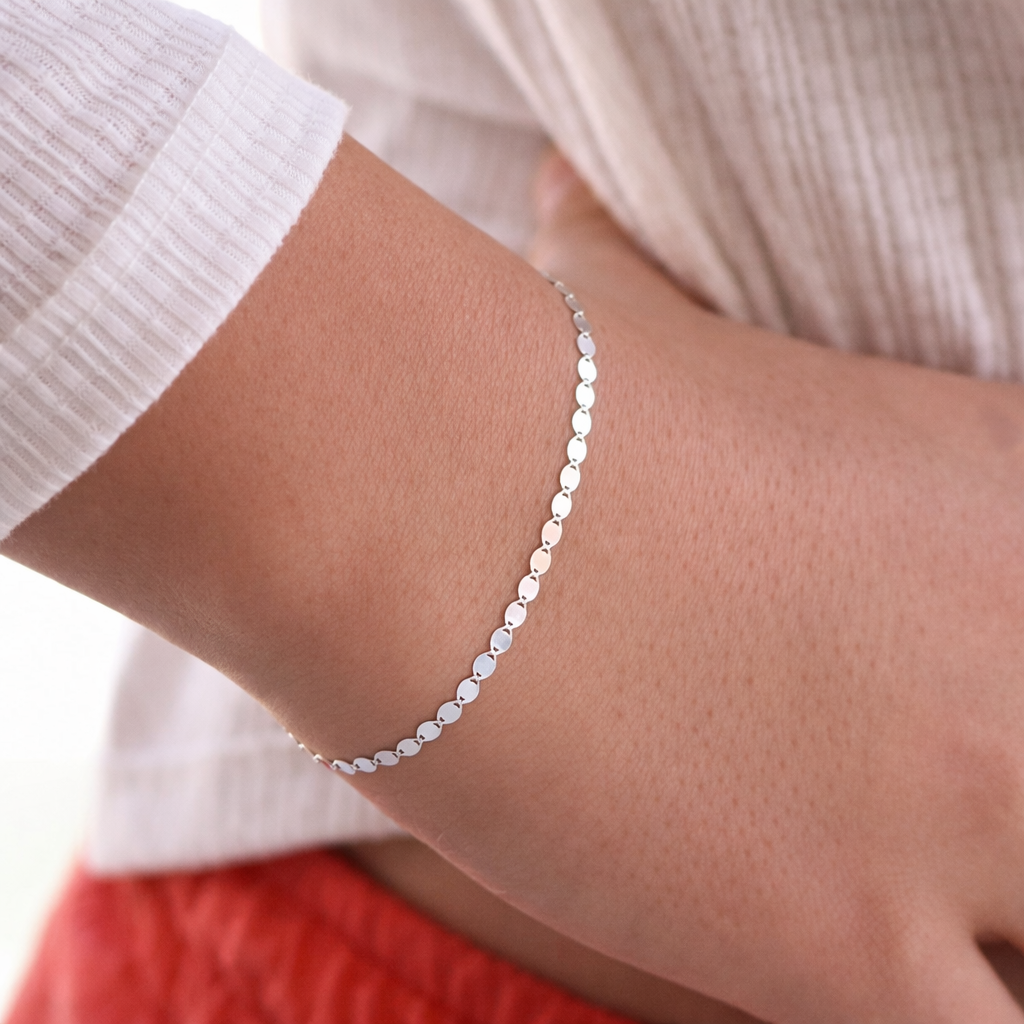 14K Solid Gold Sparkle Bracelet – Dainty Oval Mirror Link Chain Bracelet