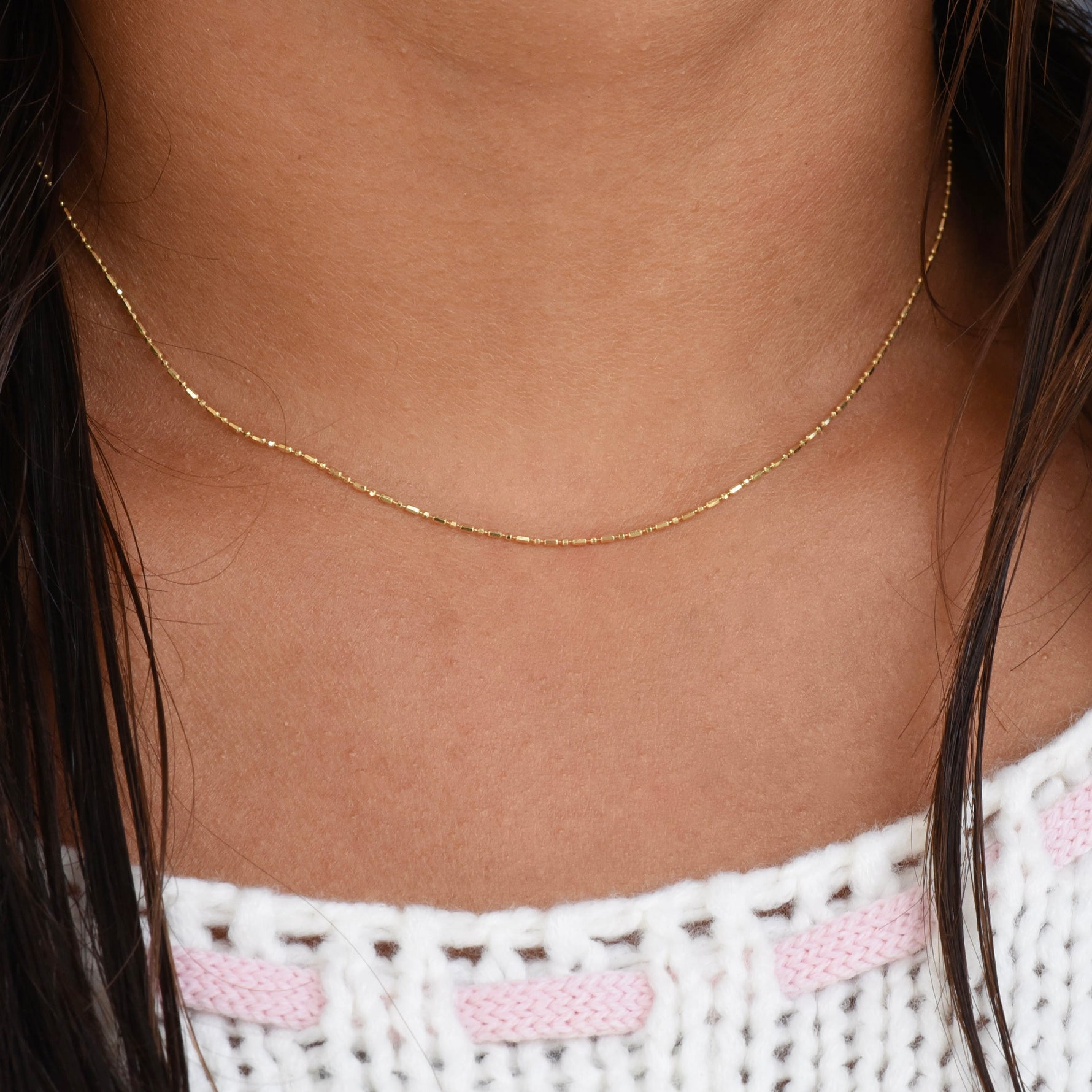 14K Solid Gold Bead Chain Necklace – Dainty 0.9mm Layering Necklace - Sash Jewelry