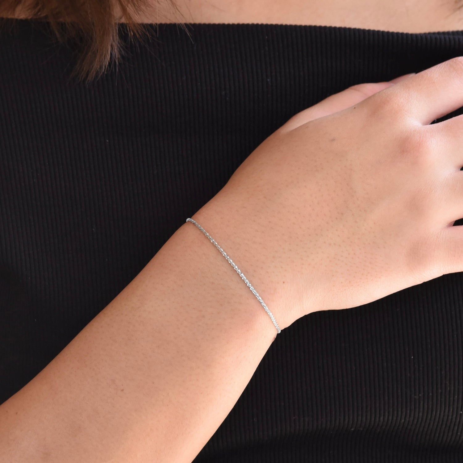 14K Solid Gold Sparkle Chain Bracelet | Dainty 1.5mm Gold Bracelet