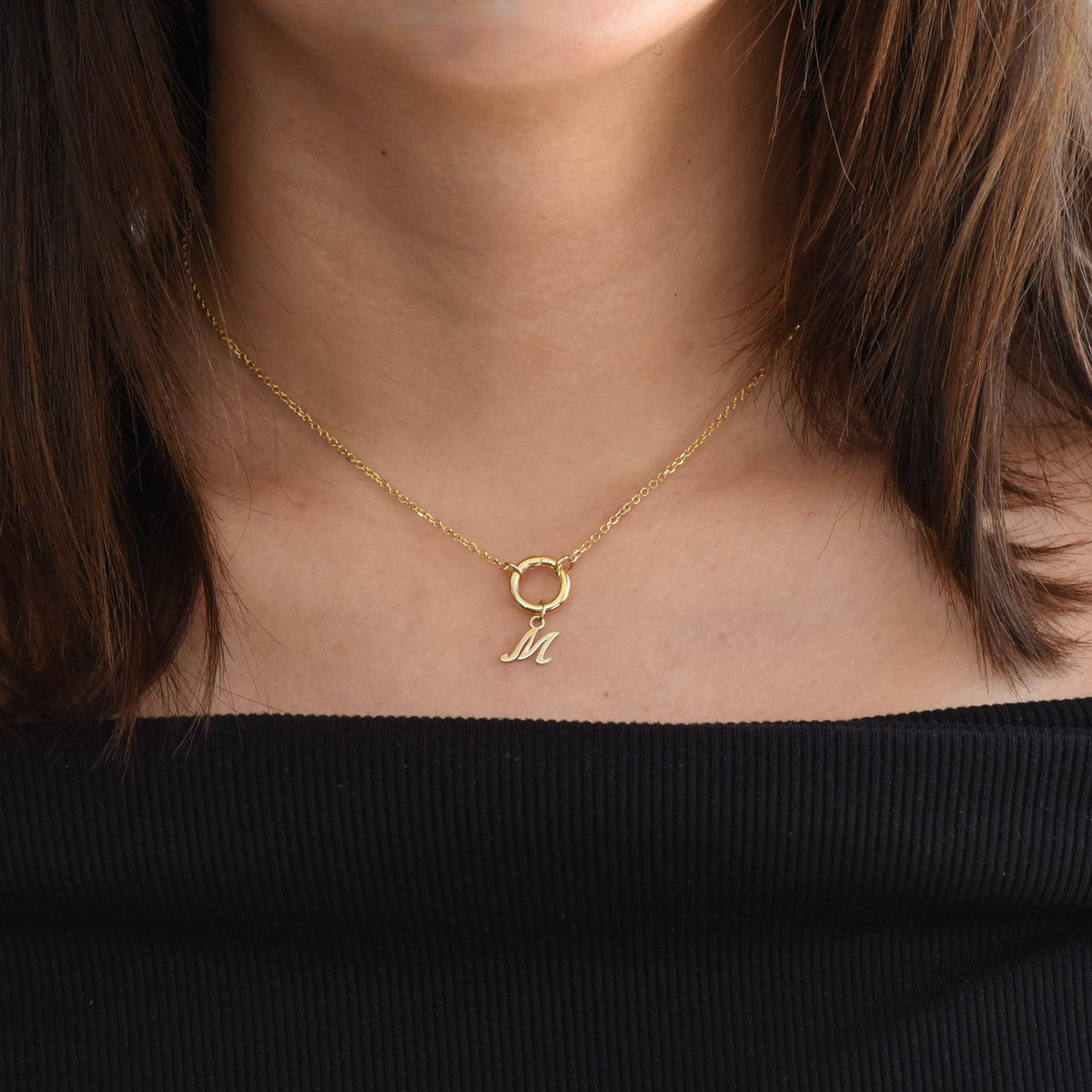 14K Solid Gold Push Lock Charm Holder Necklace – Beveled Cable Chain Charm Necklace