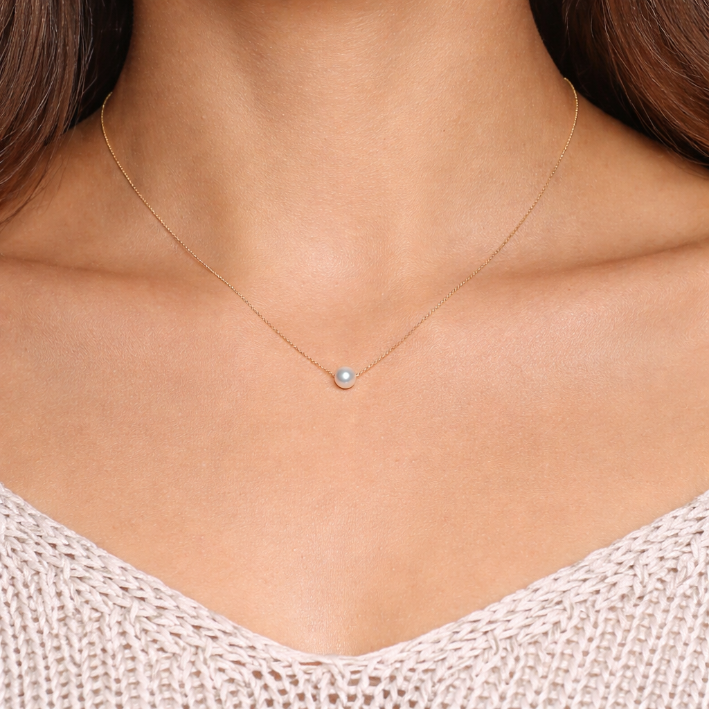 14k solid gold floating pearl necklace delicate choker 5.5mm freshwater pearl yellow white rose gold