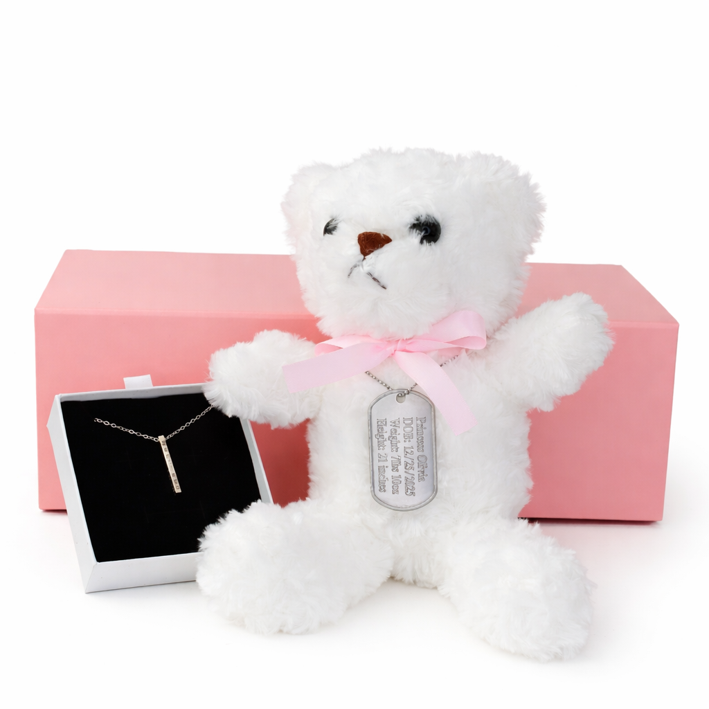 Engraved sterling silver bar necklace for new mom with baby birth details