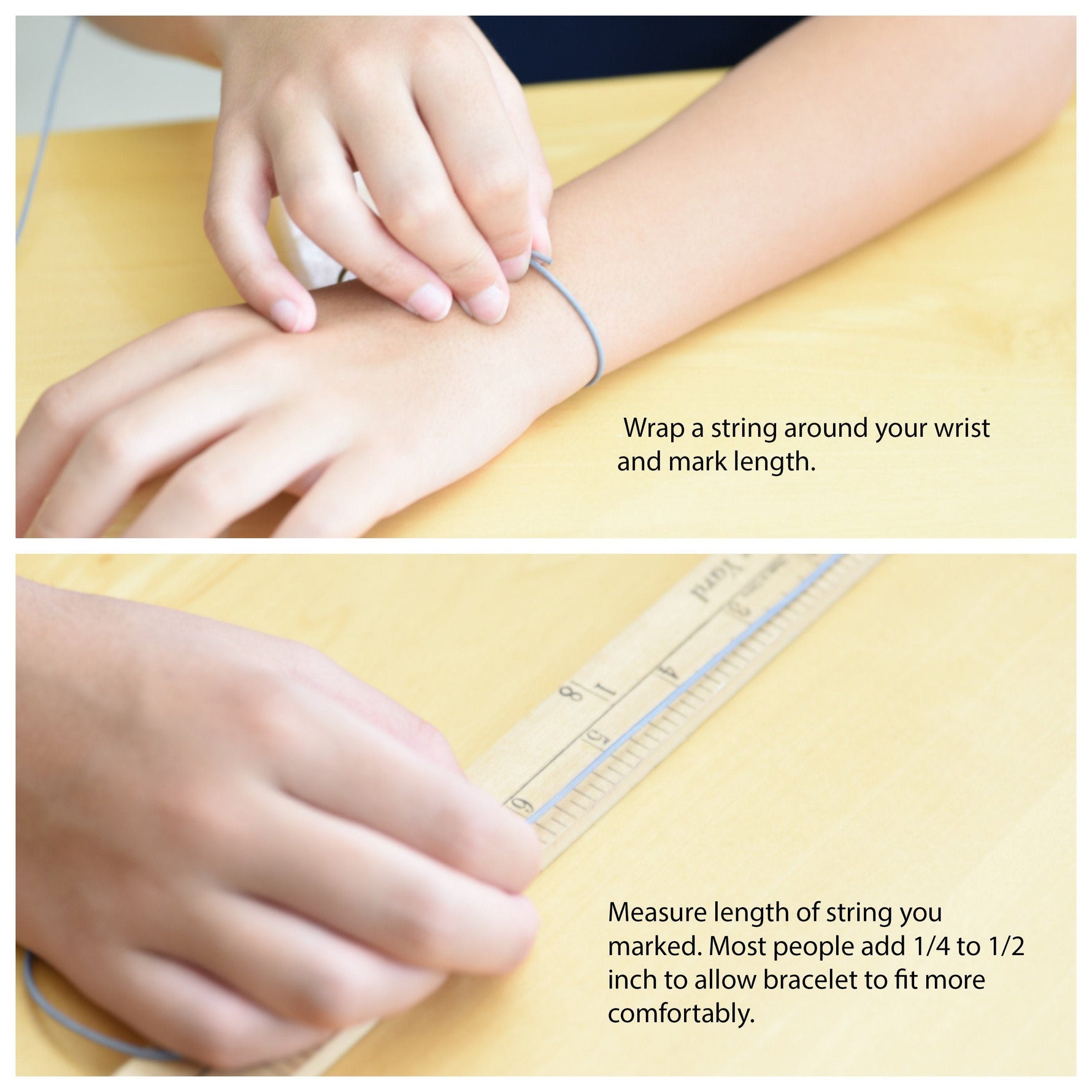Instructions for measuring wrist size with a string and ruler on a yellow surface.