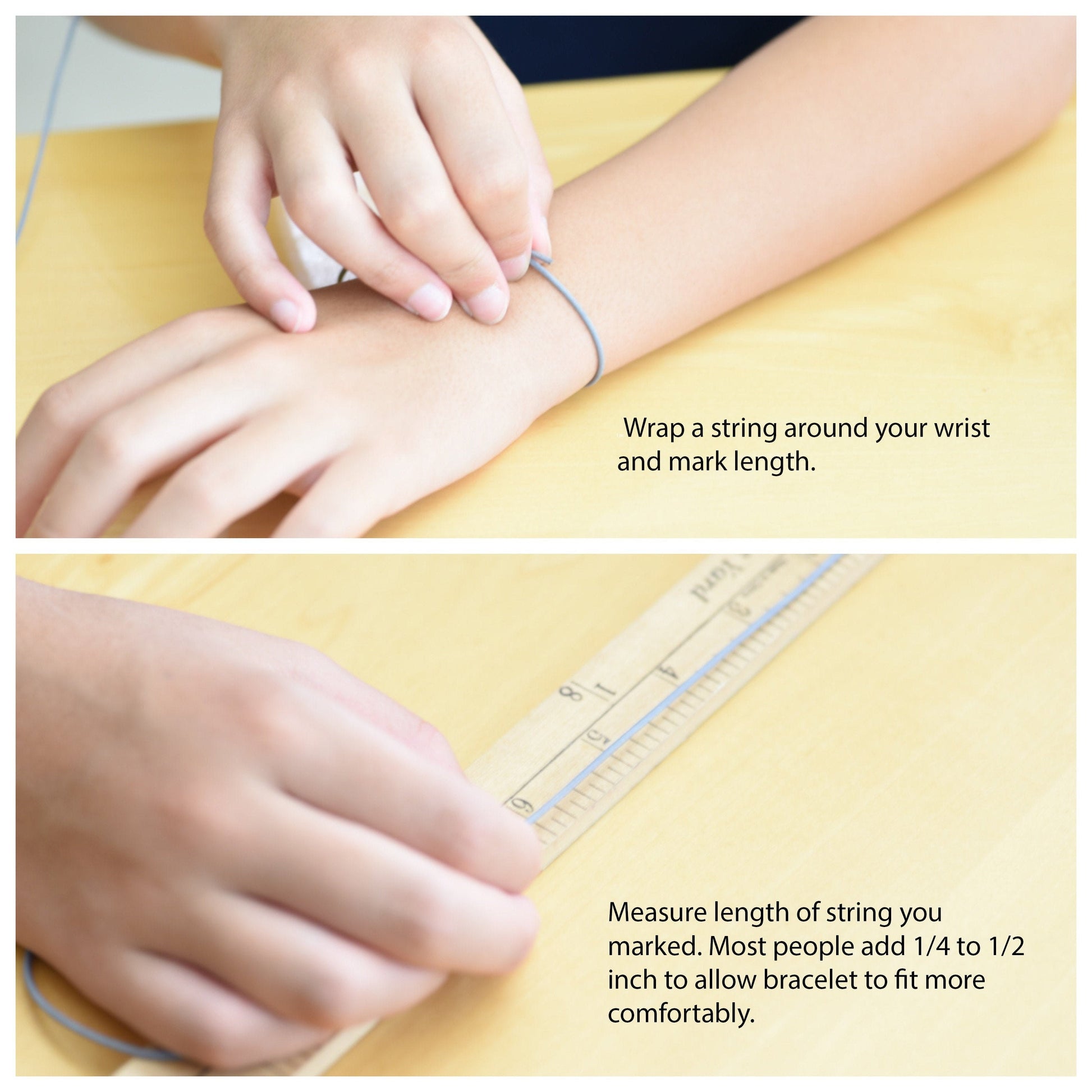 Instructions for measuring wrist size with a string and ruler on a yellow surface.