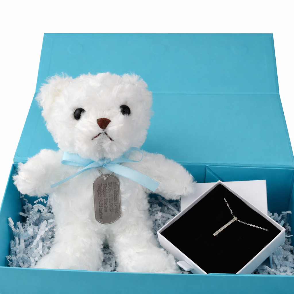 Personalized new mom gift set with sterling silver bar necklace and baby birth stats bear plush