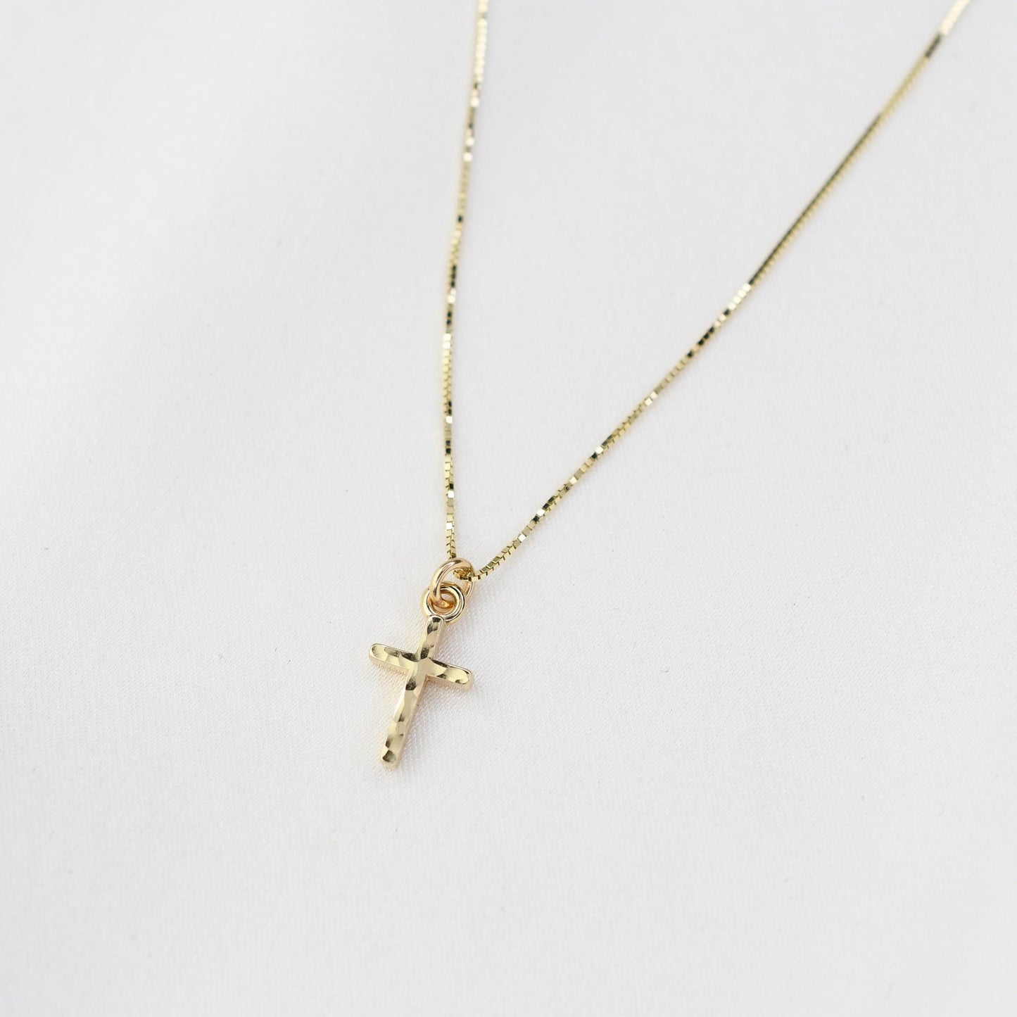 14K Gold Tiny Hammered Cross Necklace